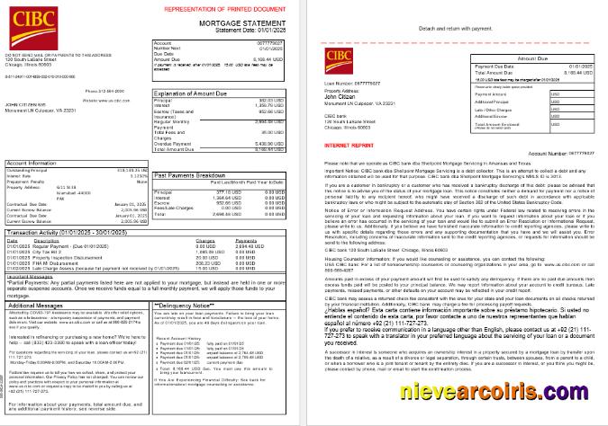 USA CIBC bank mortgage statement, 3 pages 1-2